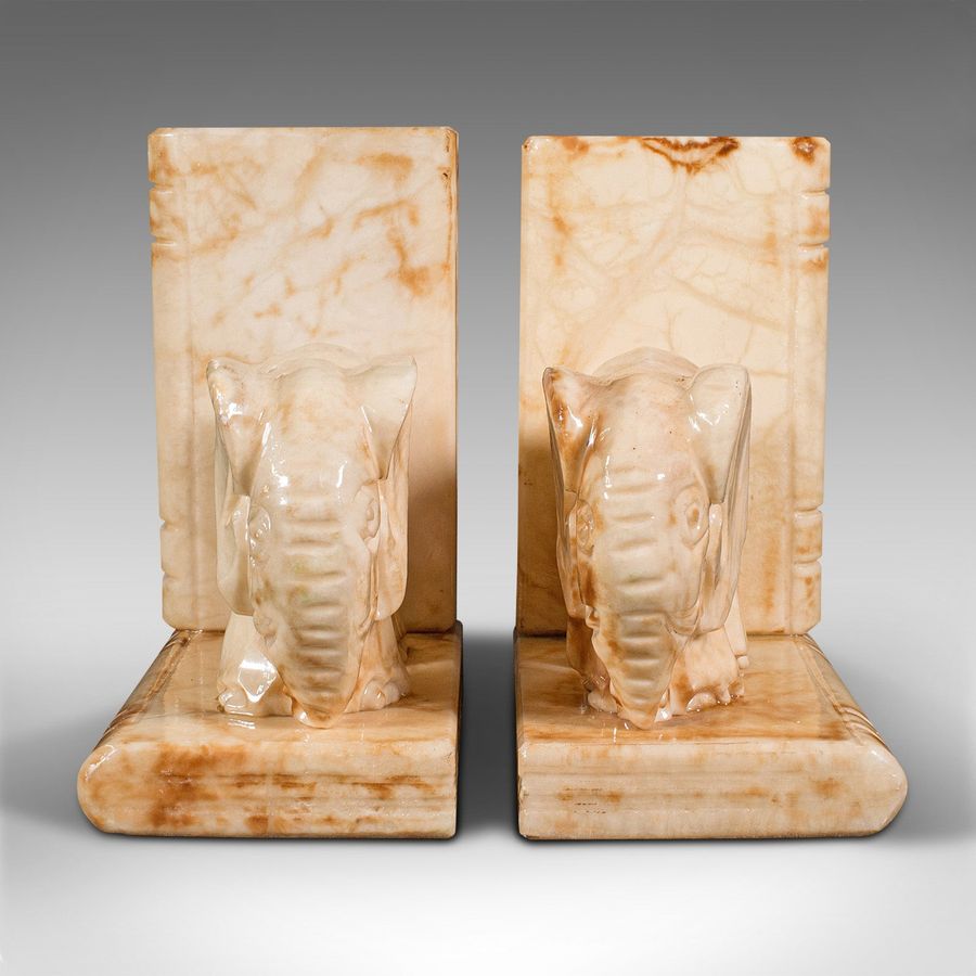 Antique Pair Of Antique Elephant Bookends, African, Milk Onyx, Book Rest, Victorian