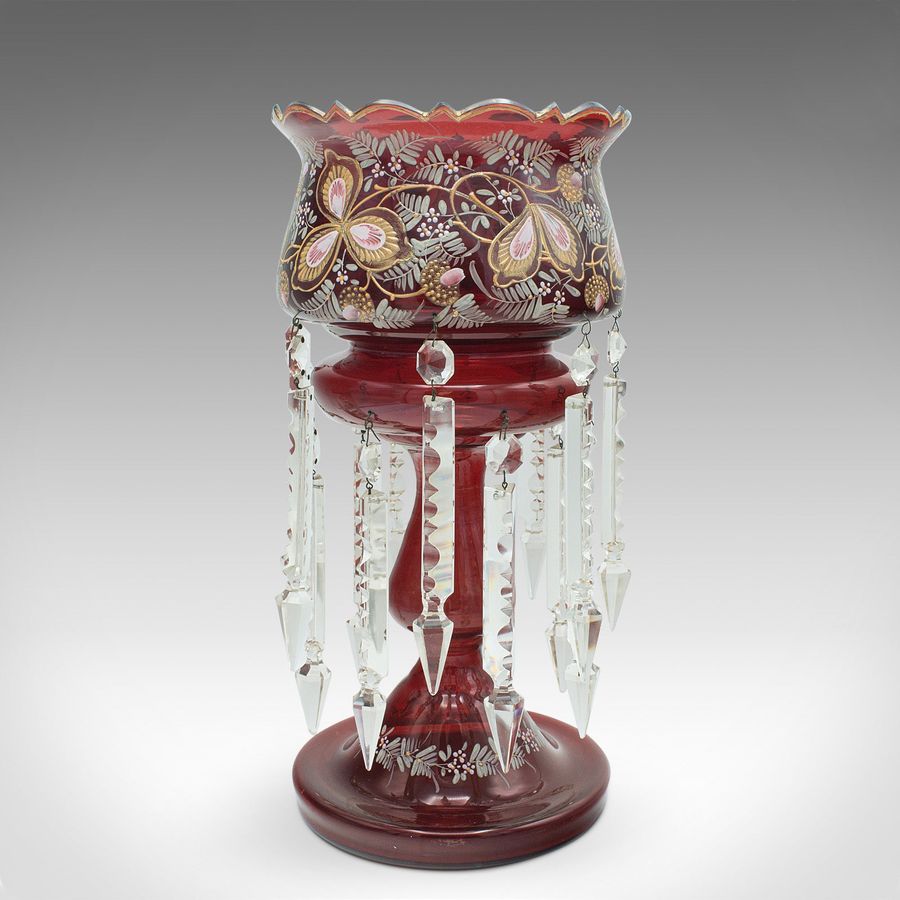 Antique Cranberry Lustre, English, Crystal, Decorative, Candle Lamp, Victorian