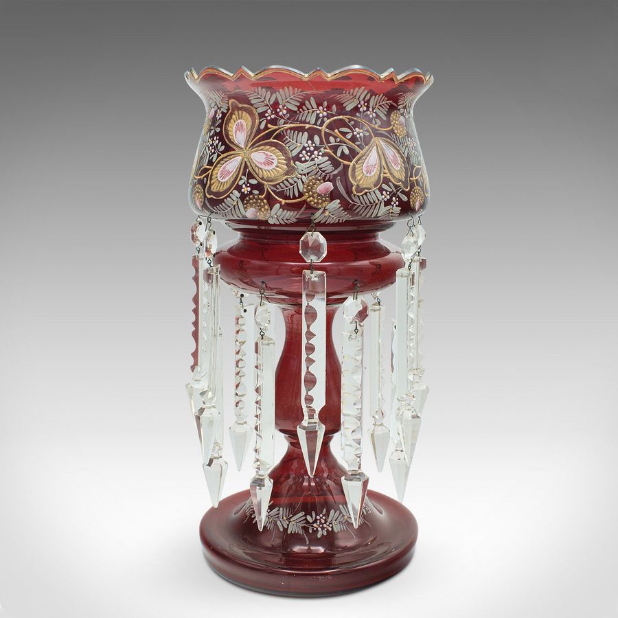 Antique Antique Cranberry Lustre, English, Crystal, Decorative, Candle Lamp, Victorian