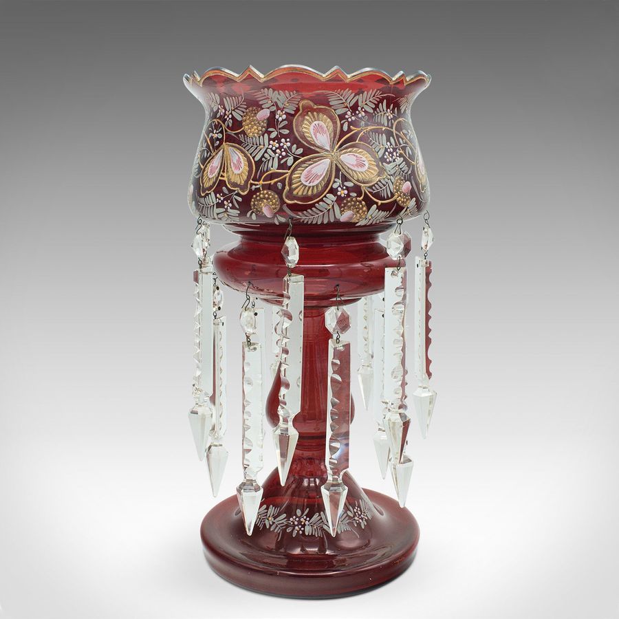 Antique Antique Cranberry Lustre, English, Crystal, Decorative, Candle Lamp, Victorian