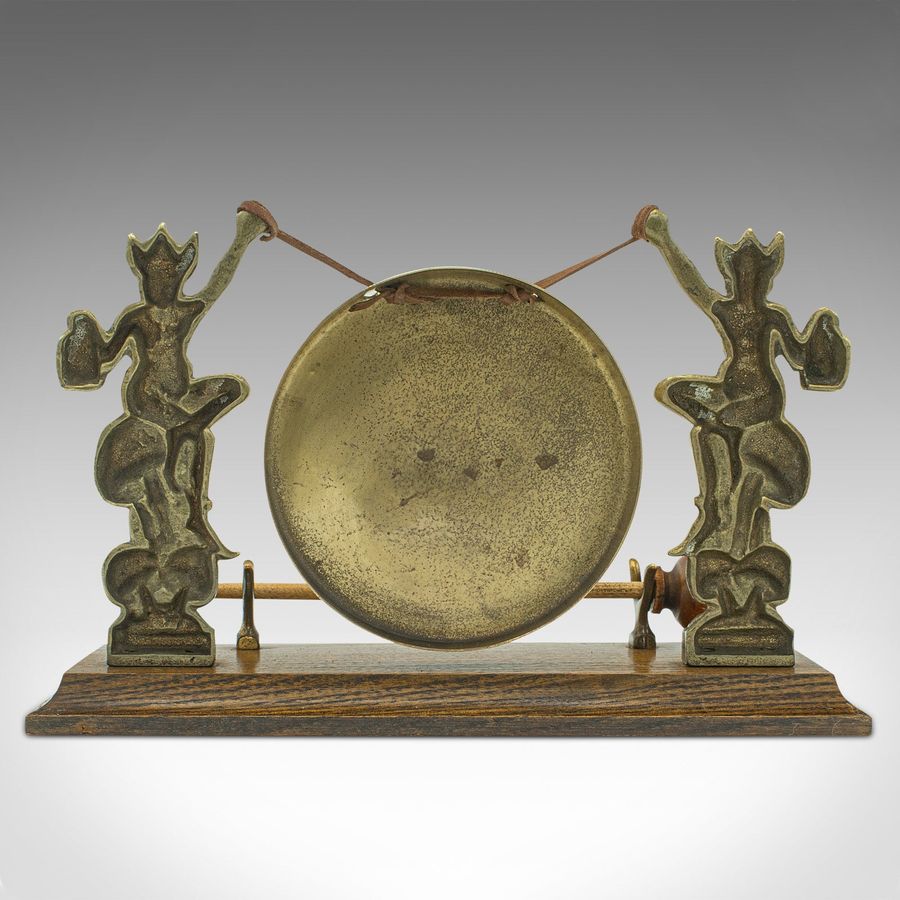 Antique Antique Cornish Pixie Gong, English, Brass, Oak, Dinner Chime, Victorian, C.1900