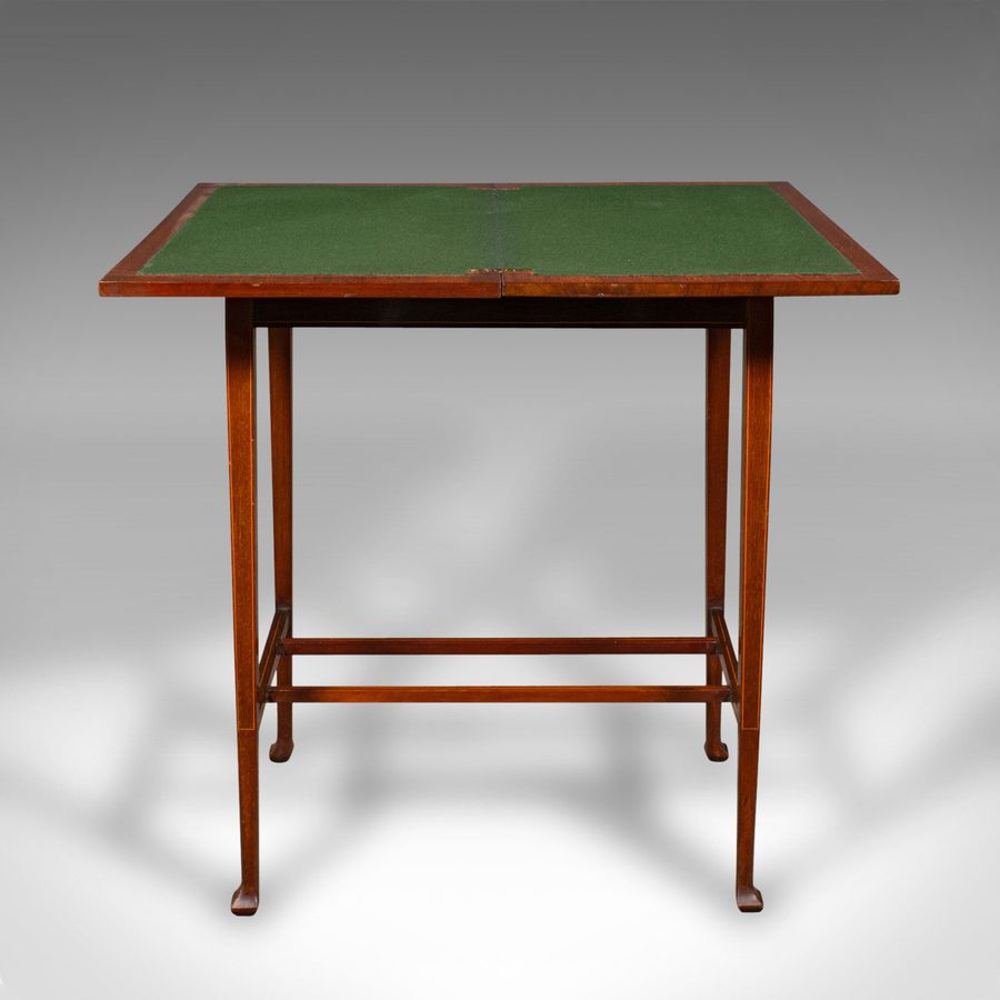 Antique Antique Fold Over Games Table, English, Flame, Walnut, Card, Side, Edwardian