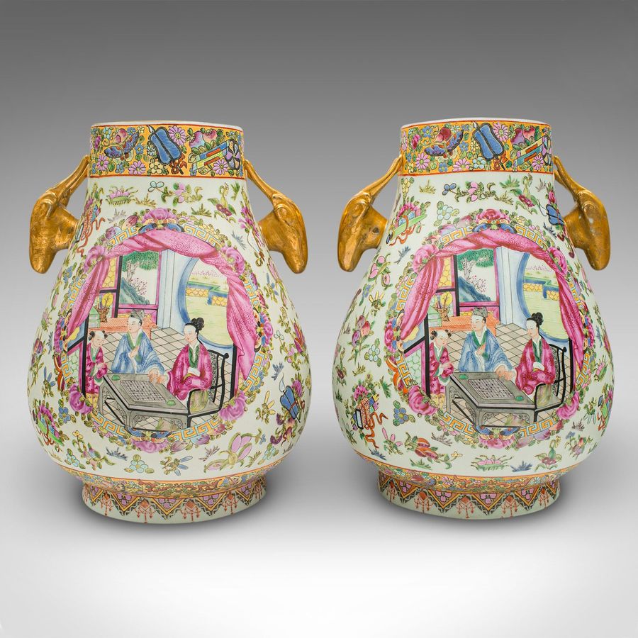 Antique Pair Of Large Antique Vases, Chinese, Ceramic, Baluster, Famille Rose, Victorian