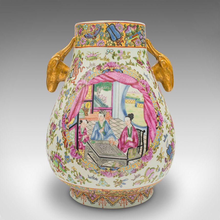 Antique Pair Of Large Antique Vases, Chinese, Ceramic, Baluster, Famille Rose, Victorian