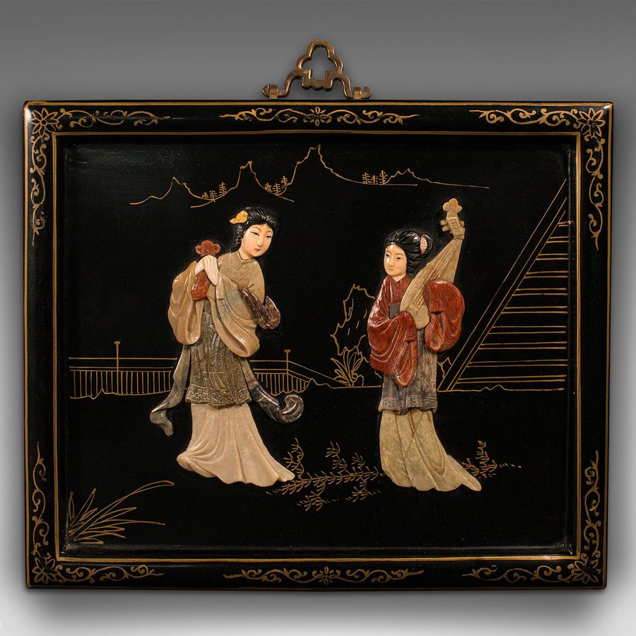 Antique Pair Of Antique Carved Stone Panels, Japanese, Decorative, Figures, Victorian