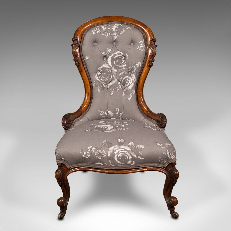 Antique Antique Button Back Salon Chair, English, Walnut, Spoon, Seat, Victorian, C.1840