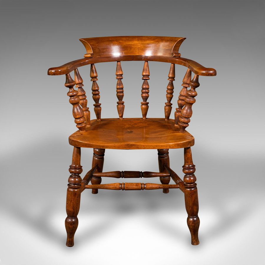 Antique Antique Elbow Chair, English, Beech, Smoker's Bow, Captain Seat, Victorian, 1880