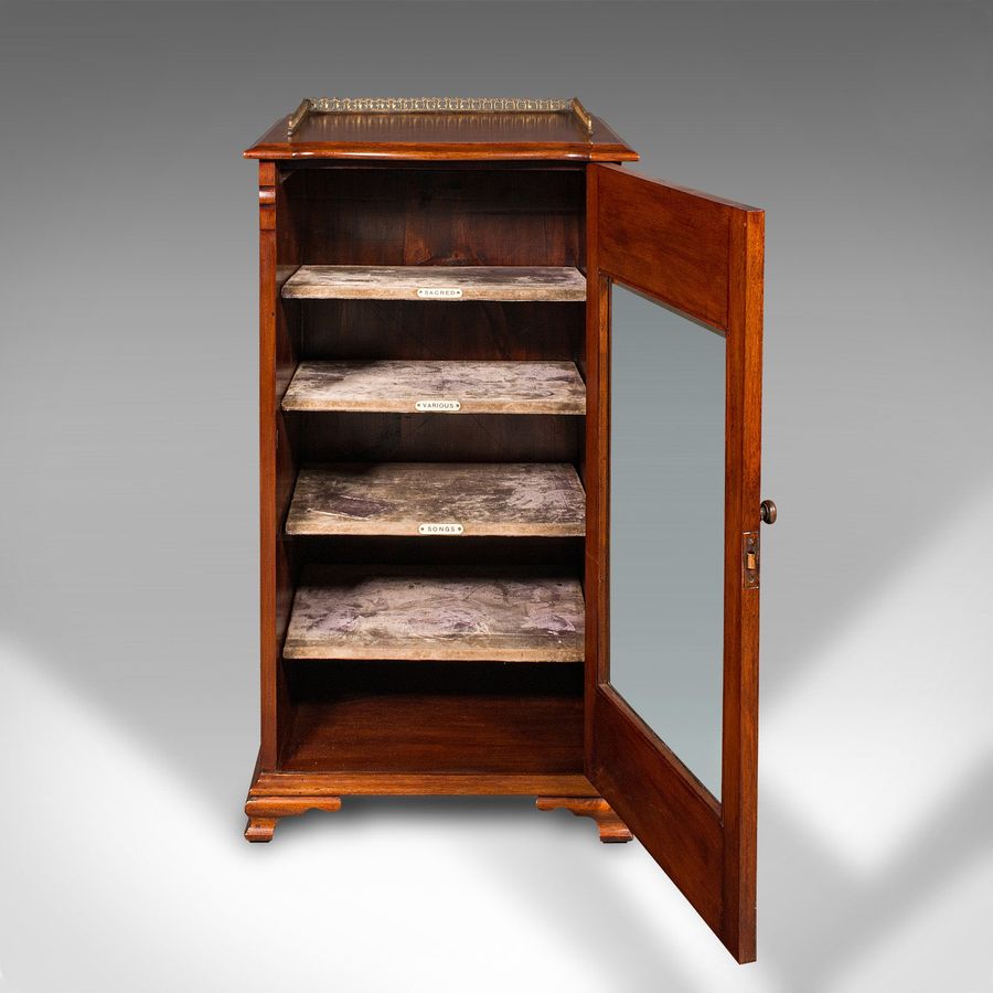 Antique Antique Music Cabinet, English, Walnut, Glass, Display Case, Bookcase, Edwardian
