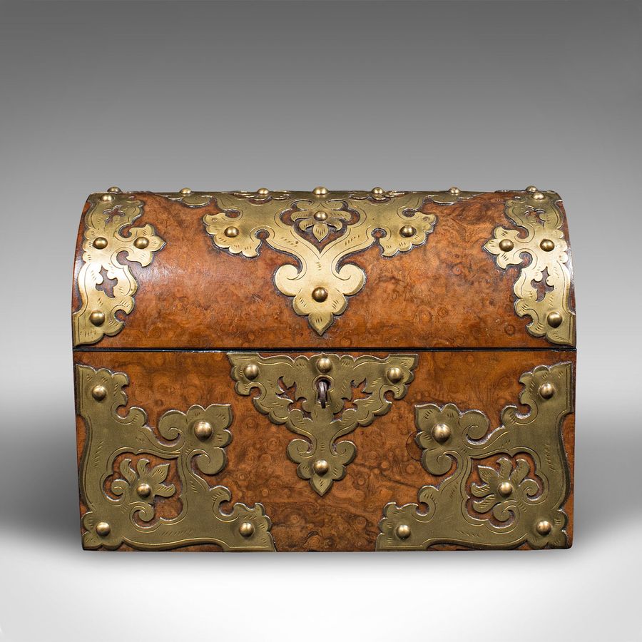 Antique Antique Domed Top Caddy, English, Burr Walnut, Brass, Keepsake Box, Victorian