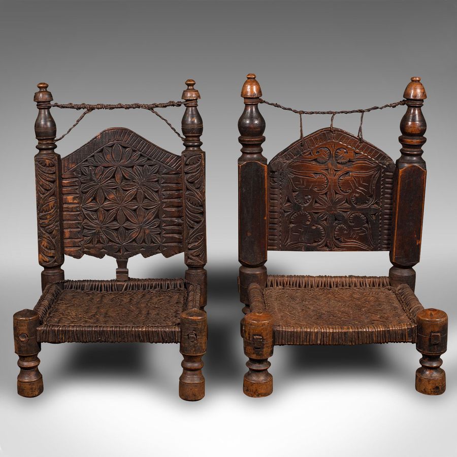 Antique Near Pair Of Antique Carved Temple Chairs, Burmese, Decor, Colonial, Victorian