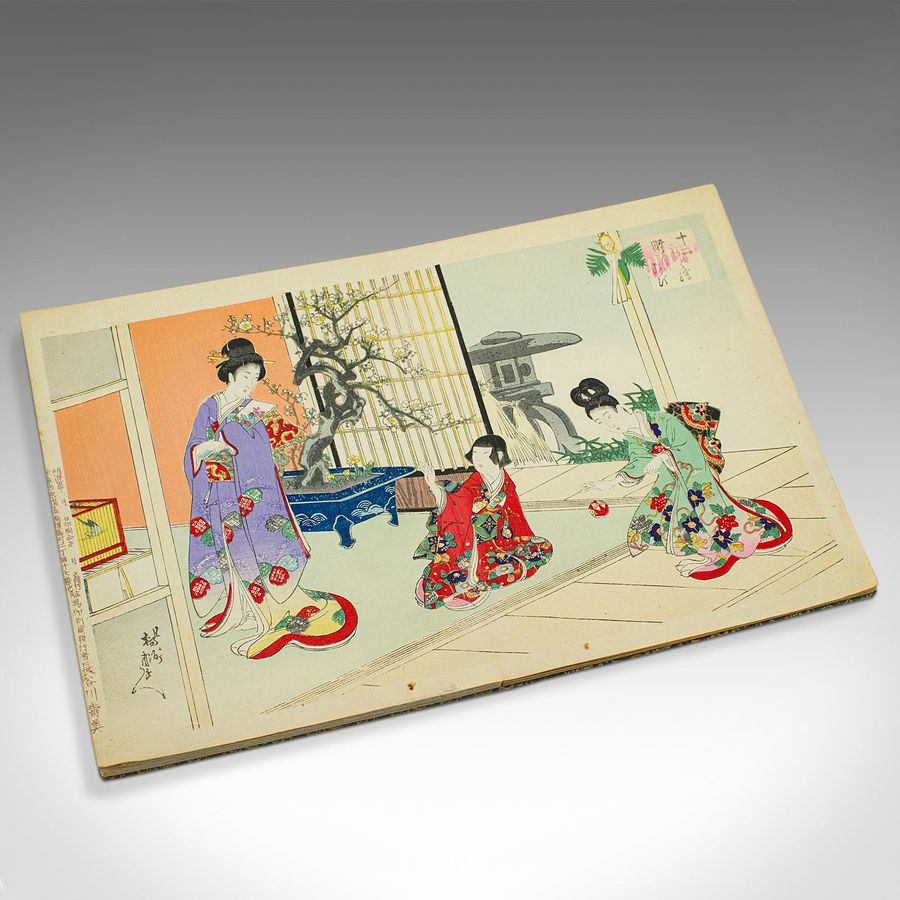 Antique Antique Fold-Out Illustrated Book, Japanese, Woodblock Print, Linen, Meiji, 1900
