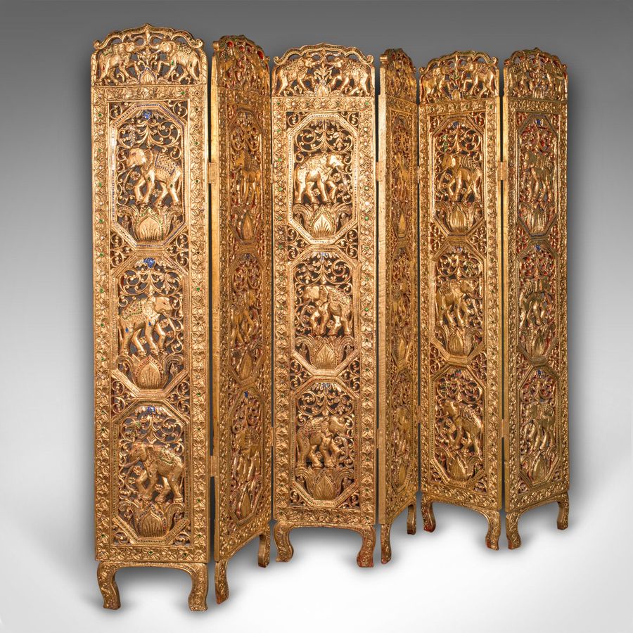 Antique Ornate Privacy Screen, Indian, Gilt, Six Panel Room Divider, Victorian