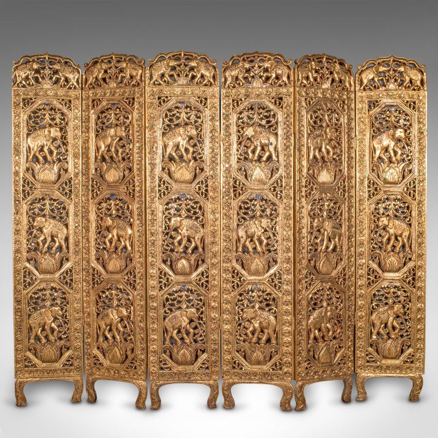 Antique Antique Ornate Privacy Screen, Indian, Gilt, Six Panel Room Divider, Victorian
