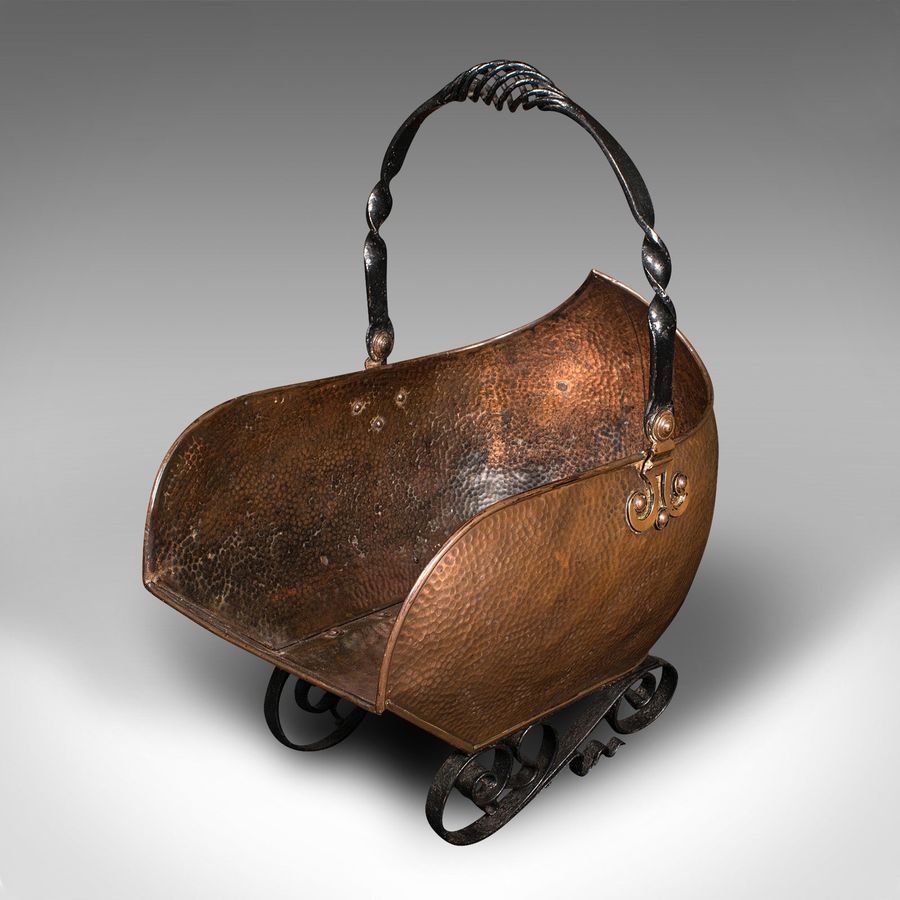 Antique Antique Art Nouveau Coal Scuttle, English Copper, Fireside Log Bucket, Victorian