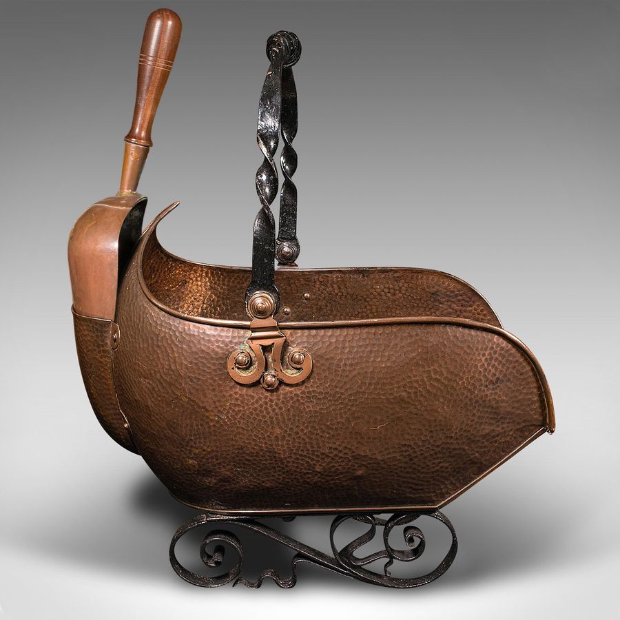 Antique Antique Art Nouveau Coal Scuttle, English Copper, Fireside Log Bucket, Victorian