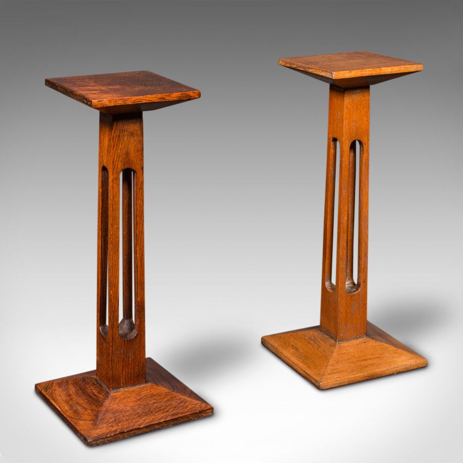 Pair Of Antique Statue Stands, English, Oak, Pedestal, Torchere, Edwardian, 1910