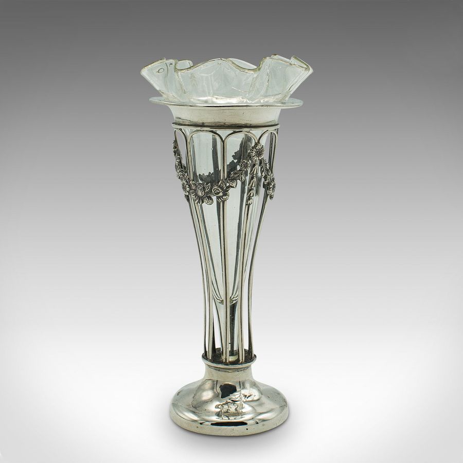 Small Antique Stem Vase, English, Silver, Glass, Decor, Art Nouveau, Edwardian