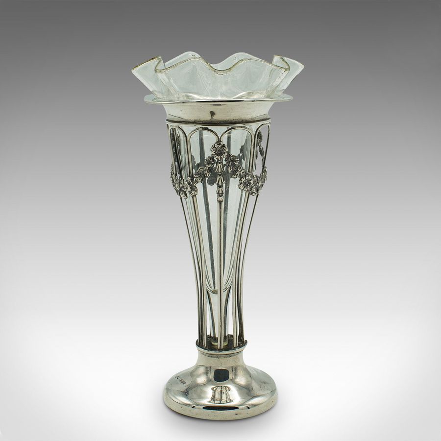 Antique Small Antique Stem Vase, English, Silver, Glass, Decor, Art Nouveau, Edwardian