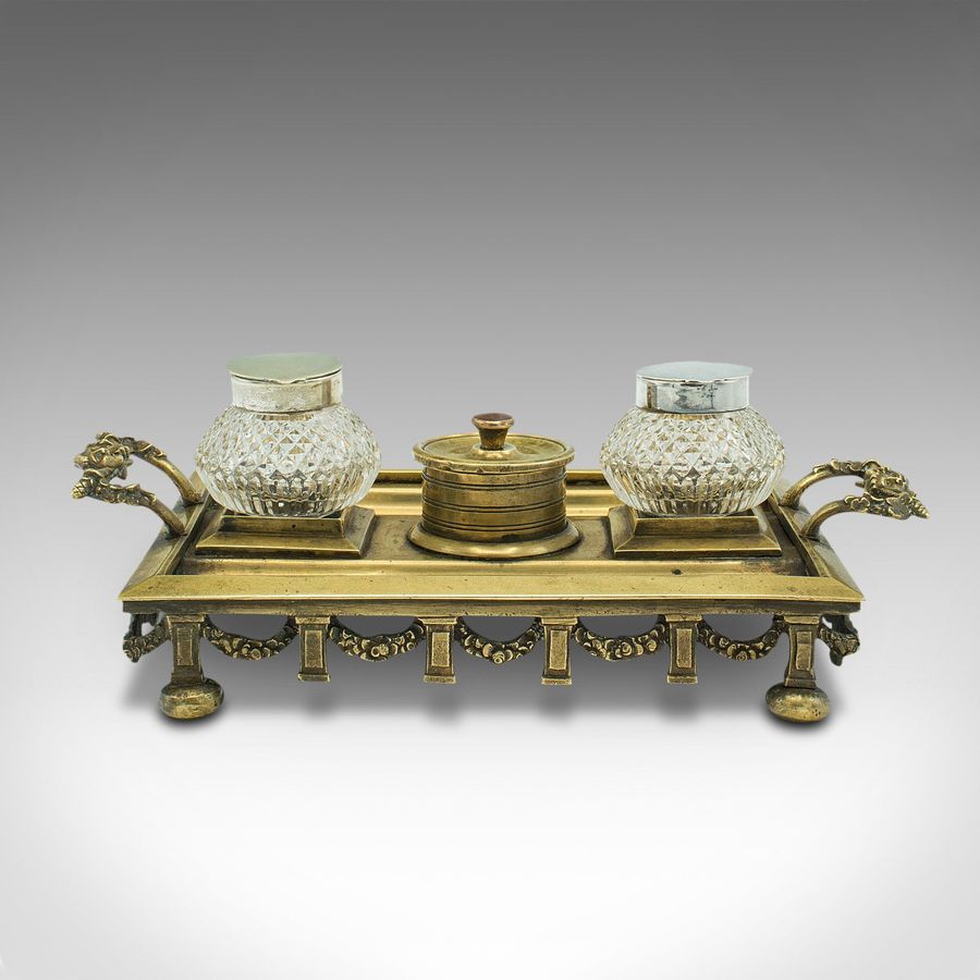 Antique Antique Pen Tray, English, Brass, Silver Plate, Inkwell Stand, Edwardian, C.1910