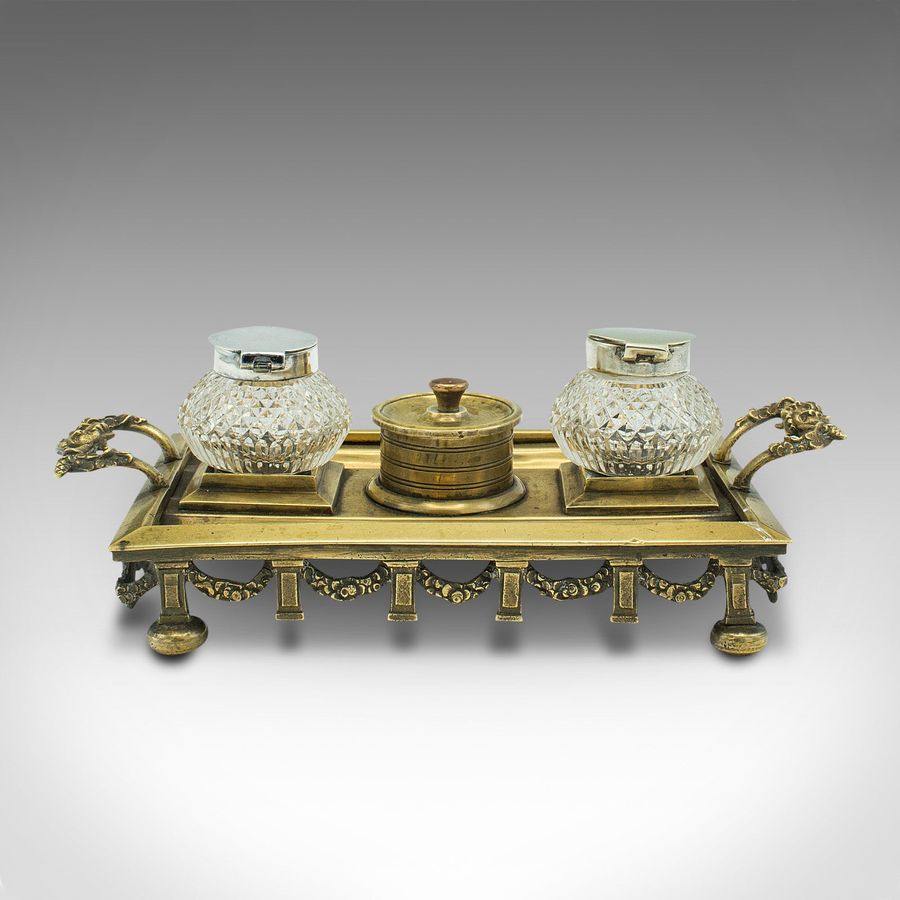 Antique Antique Pen Tray, English, Brass, Silver Plate, Inkwell Stand, Edwardian, C.1910