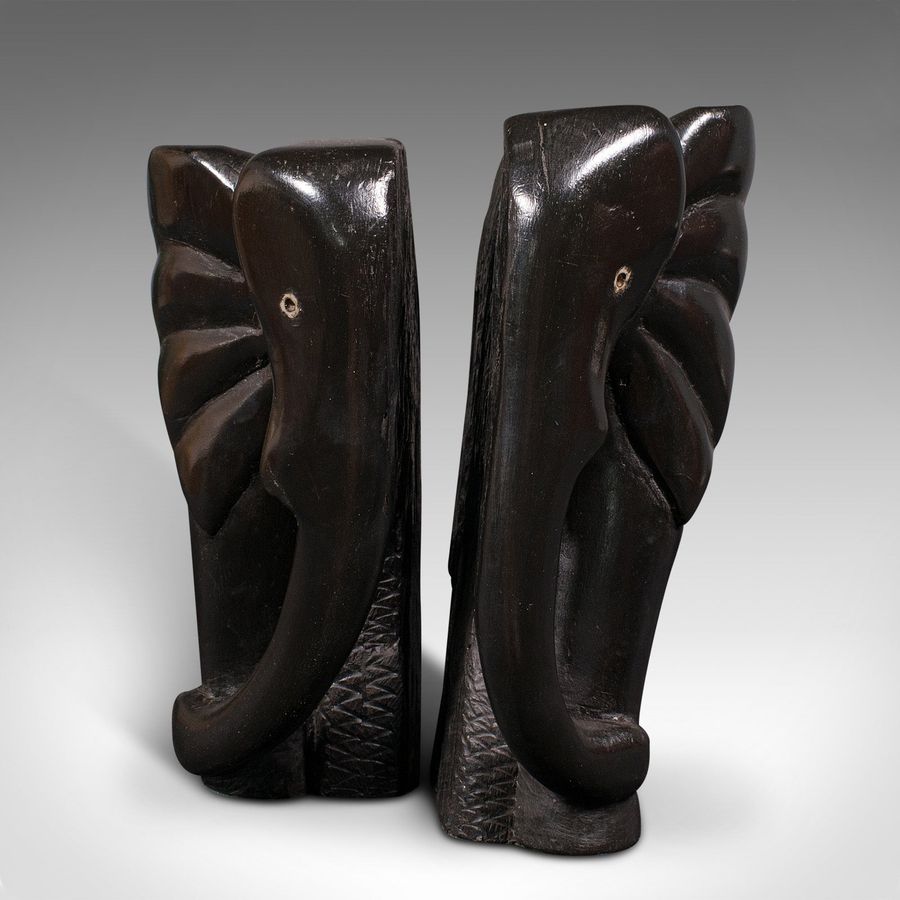 Antique Pair Of Antique Hand Carved Elephant Bookends, African, Book Rest, Victorian