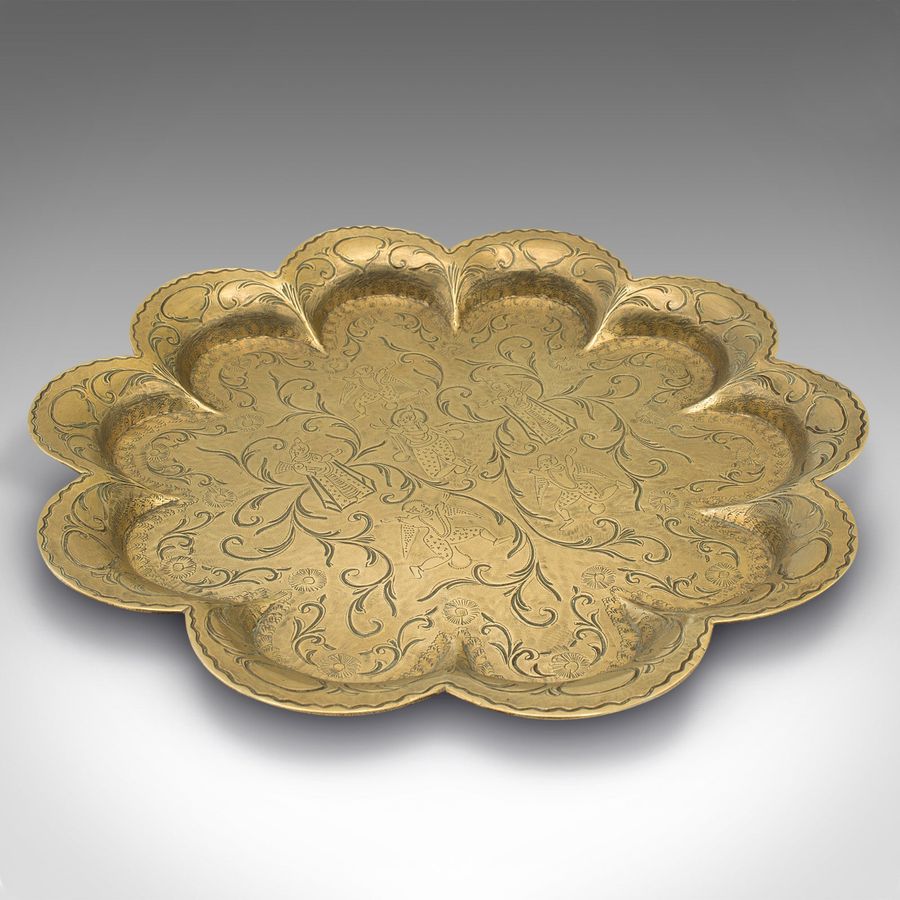 Antique Antique Decorative Charger, Indian, Brass, Dished Plate, Engraved, Victorian