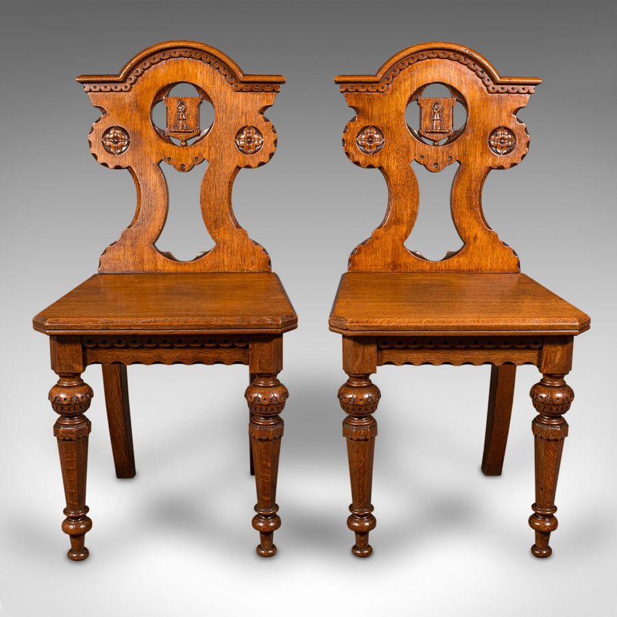 Antique Pair Of Antique Hall Chairs, Scottish, Oak, Seat, Arts & Crafts Taste, Victorian