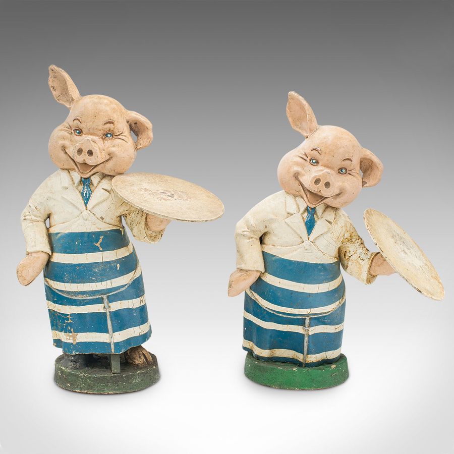 Antique Pair Of Antique Butchery Pigs, English, Plaster, Shop Display Figure, Edwardian