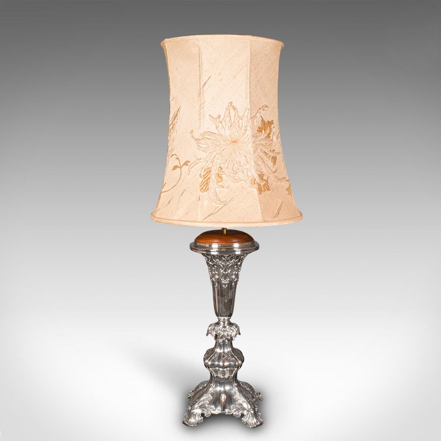 Antique Large Antique Table Lamp, English Silver Plate, Walnut, Light, Victorian, C.1900