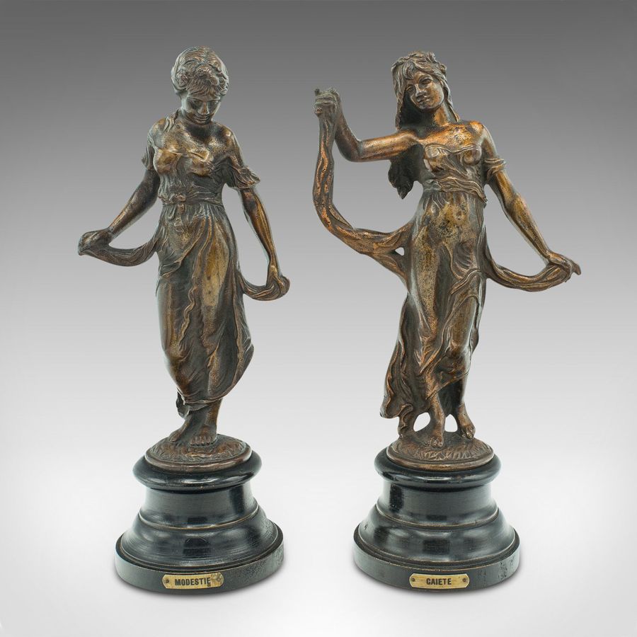 Antique Pair Of Antique Virtue Figures, French, Bronze, Statue, Art Nouveau, Victorian