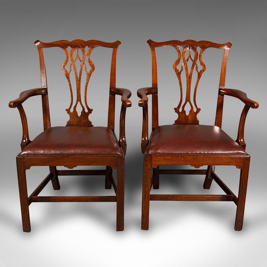 Antique Pair Of Antique Carver Chairs, English, Elbow Seat, Chippendale Taste, Georgian