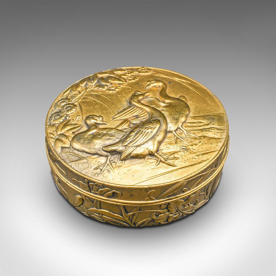 Antique Snuff Tin, English Gilt Metal, Lidded Box, Relief Decor, Victorian, 1880