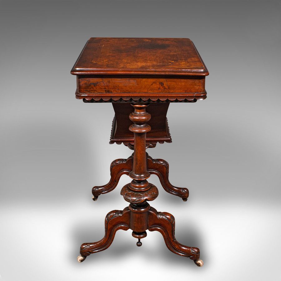 Antique Antique Ladies Work Table, English, Burr Walnut, Sewing Table, Victorian, C.1850