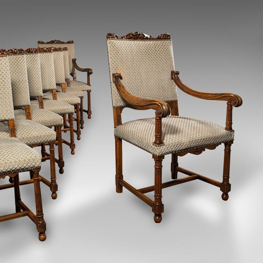 Set of 8 Antique Dining Chairs, English, Walnut, Carver, Seat, Edwardian, C.1910