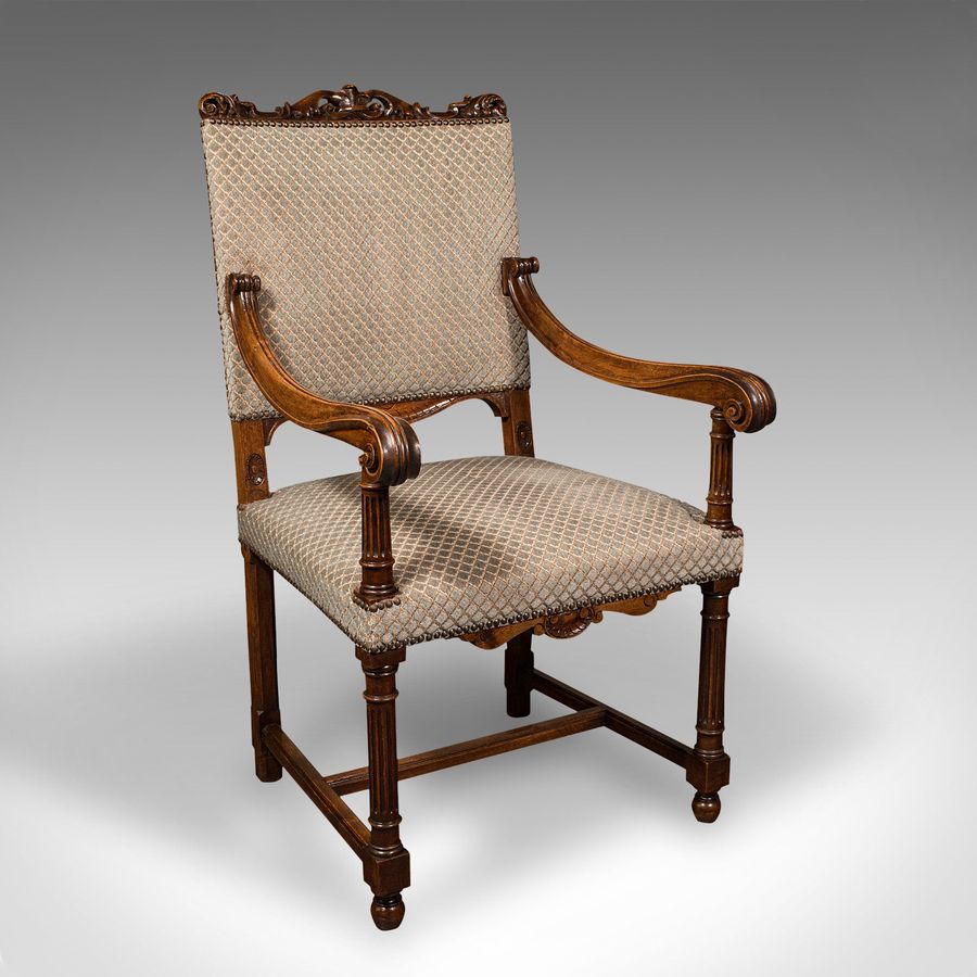 Antique Set of 8 Antique Dining Chairs, English, Walnut, Carver, Seat, Edwardian, C.1910