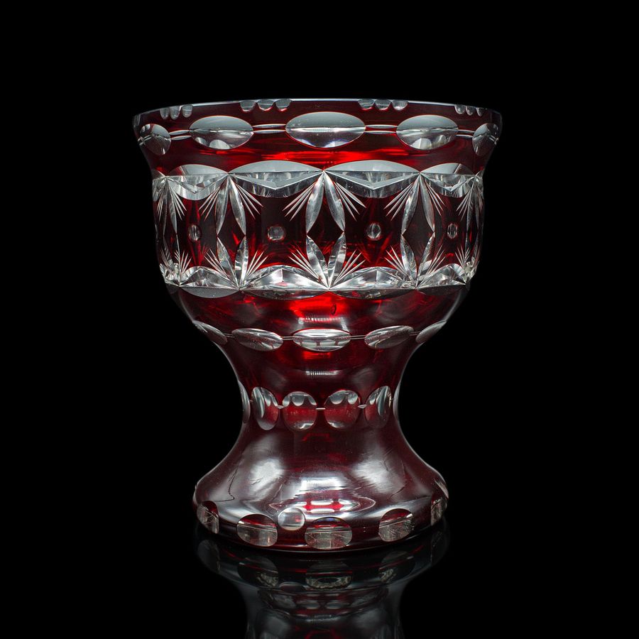 Antique Antique Pedestal Bowl, Continental, Red Glass, Decorative Ice Bucket, Circa 1920