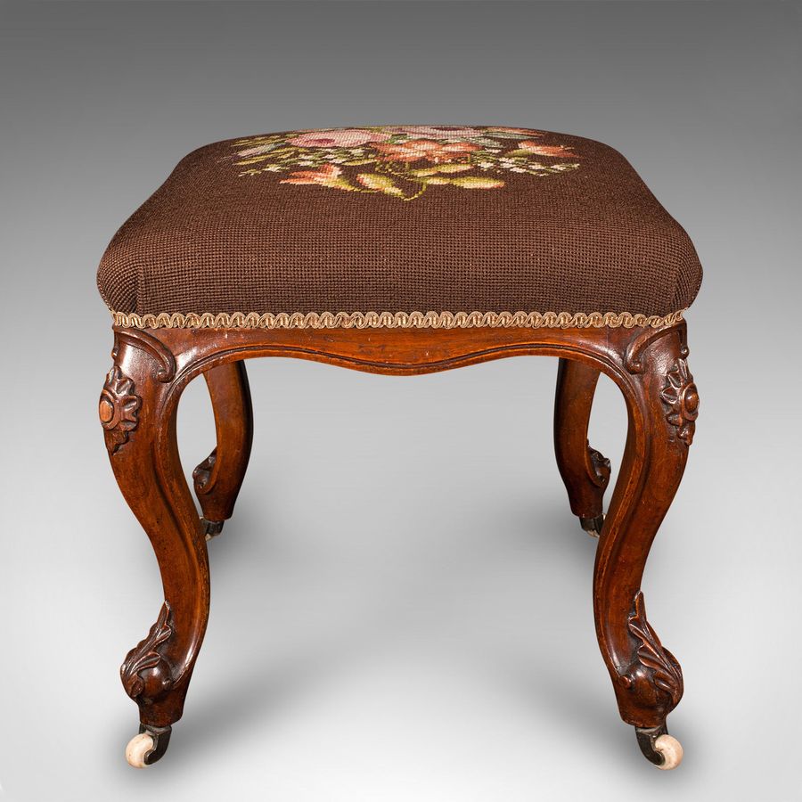 Antique Antique Dressing Stool, English, Walnut, Needlepoint, Footstool, Early Victorian