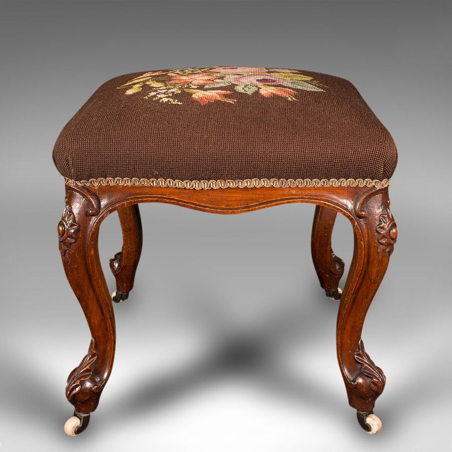 Antique Antique Dressing Stool, English, Walnut, Needlepoint, Footstool, Early Victorian
