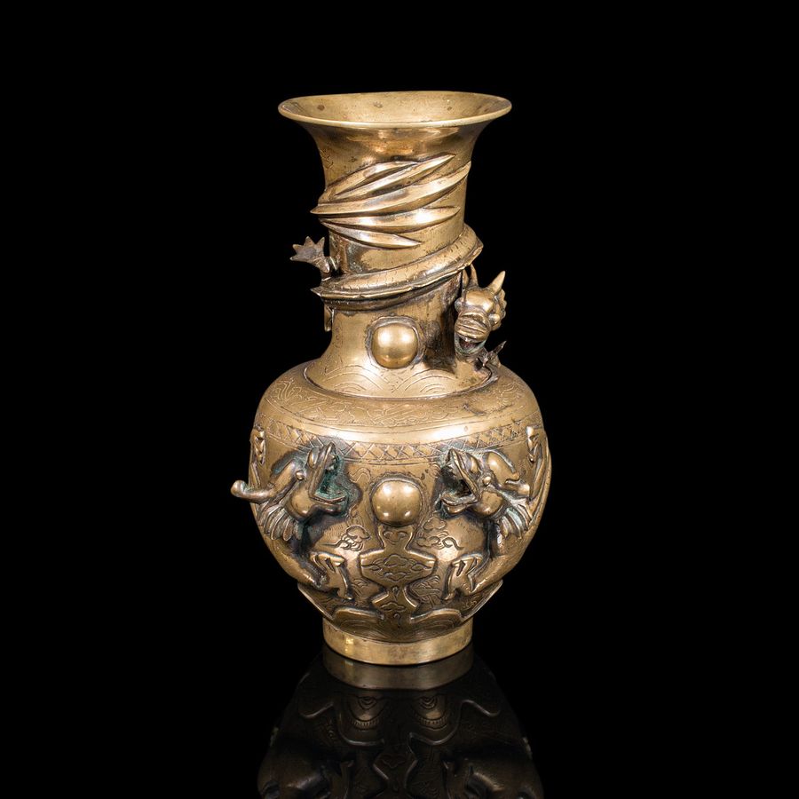Antique Antique Decorative Vase, Chinese, Brass, Flower Urn, Dragon Motif, Victorian