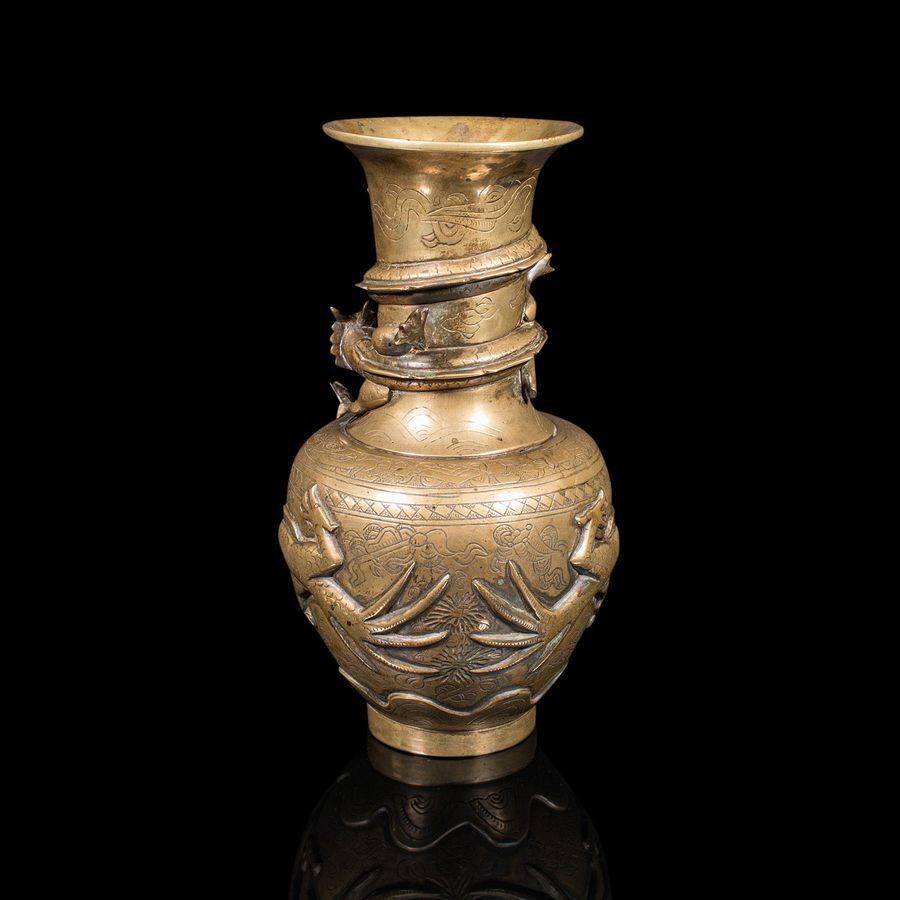 Antique Antique Decorative Vase, Chinese, Brass, Flower Urn, Dragon Motif, Victorian