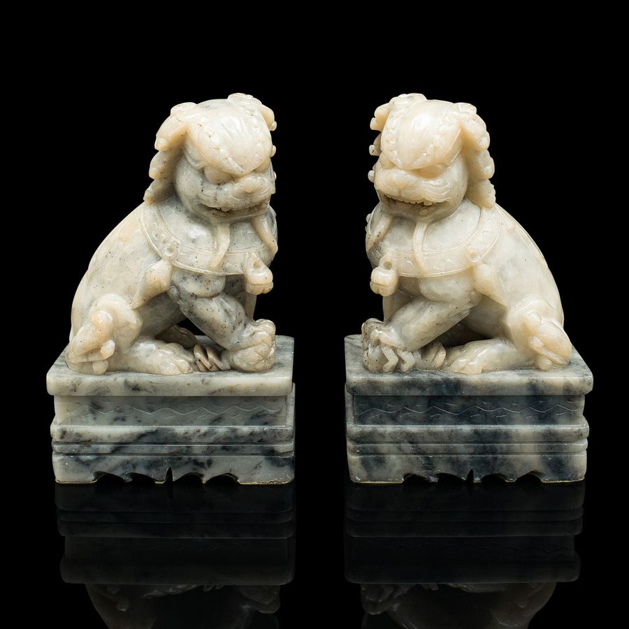Antique Pair Of Vintage Oriental Dog Bookend, Chinese, Soapstone, Dog of Fo, Victorian
