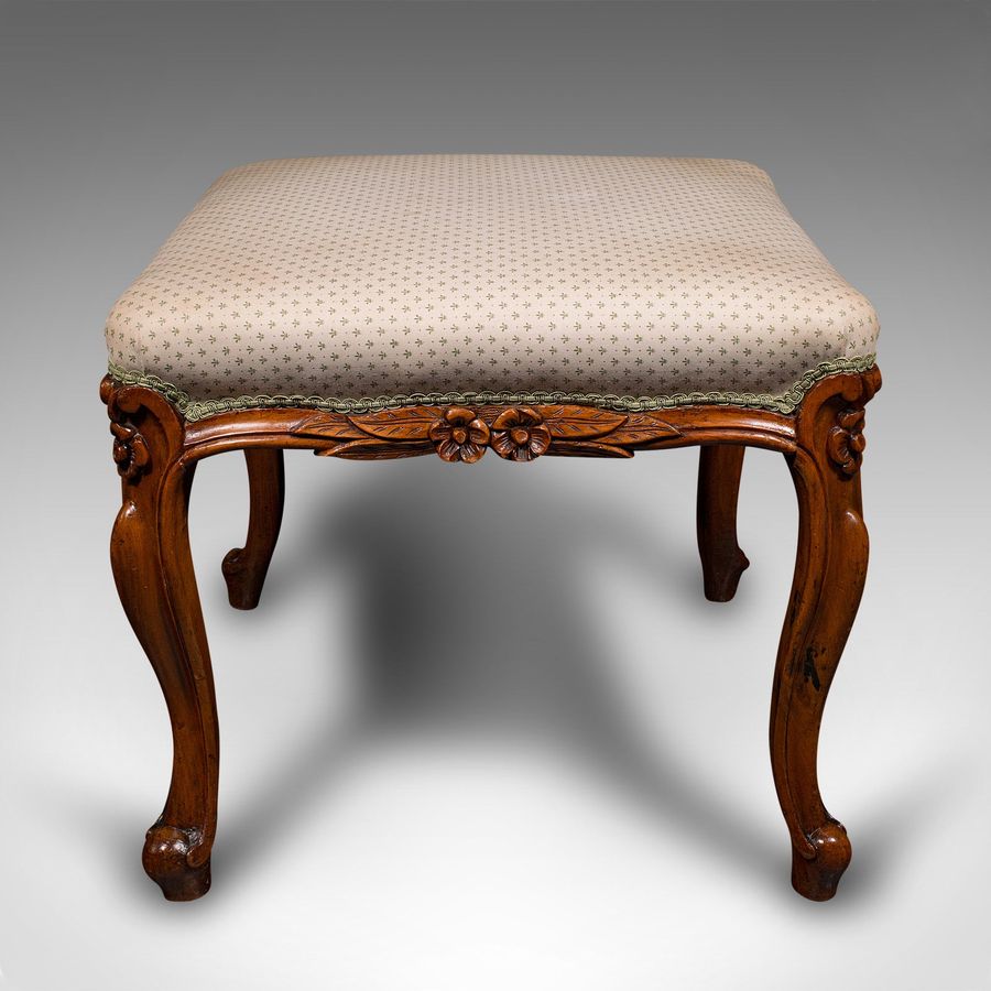 Antique Wide Antique Dressing Stool, English, Walnut Bedroom Seat, Early Victorian, 1840