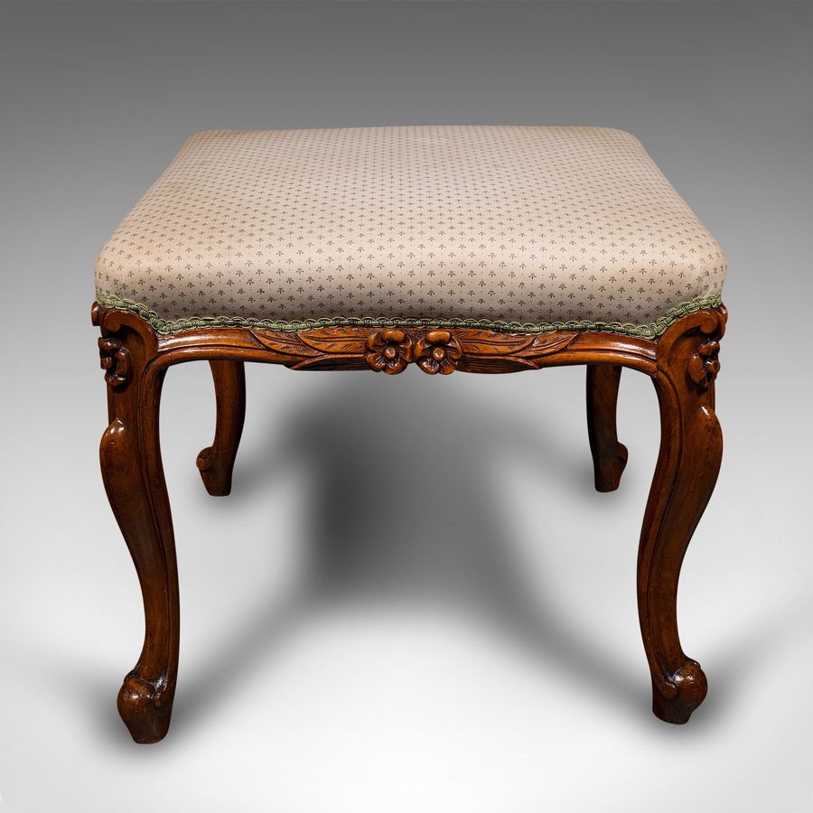 Antique Wide Antique Dressing Stool, English, Walnut Bedroom Seat, Early Victorian, 1840