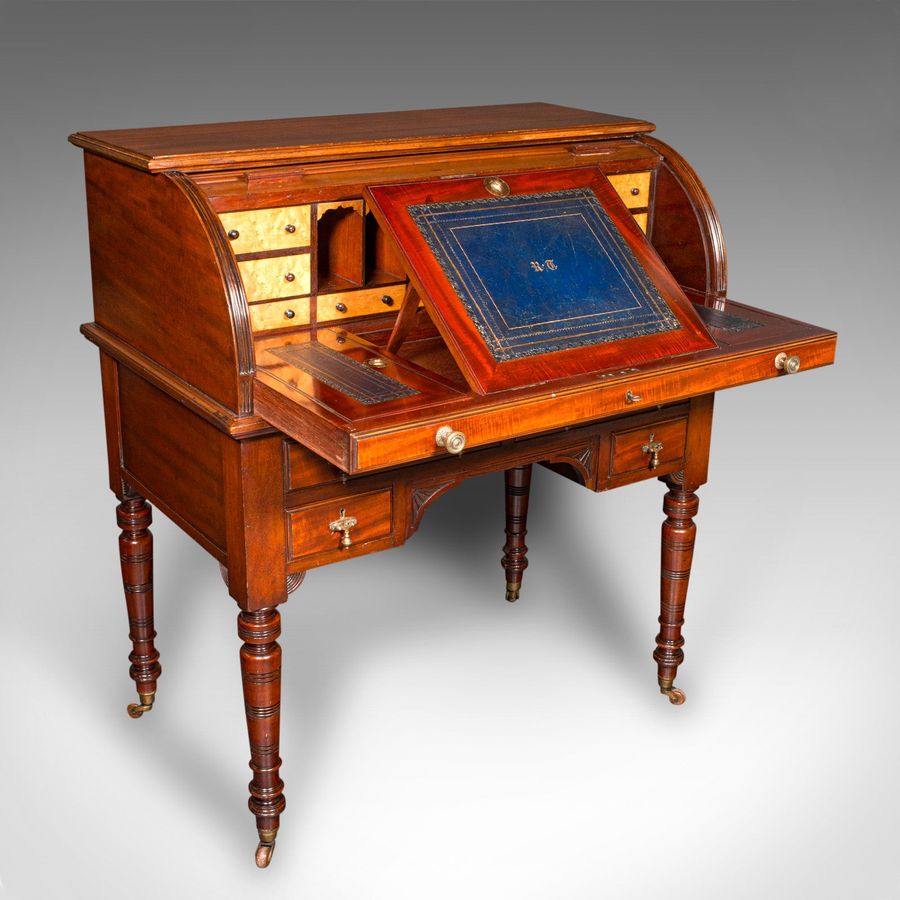 Antique Roll-Top Desk, English, Bureau, Aesthetic Period, Victorian, Circa 1880