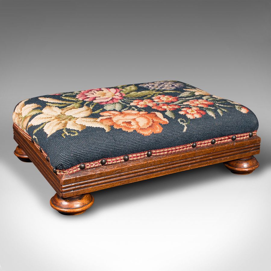 Carved Mahogany 1910 Antique Footstool, Hand Stitched Needlepoint Upholstery