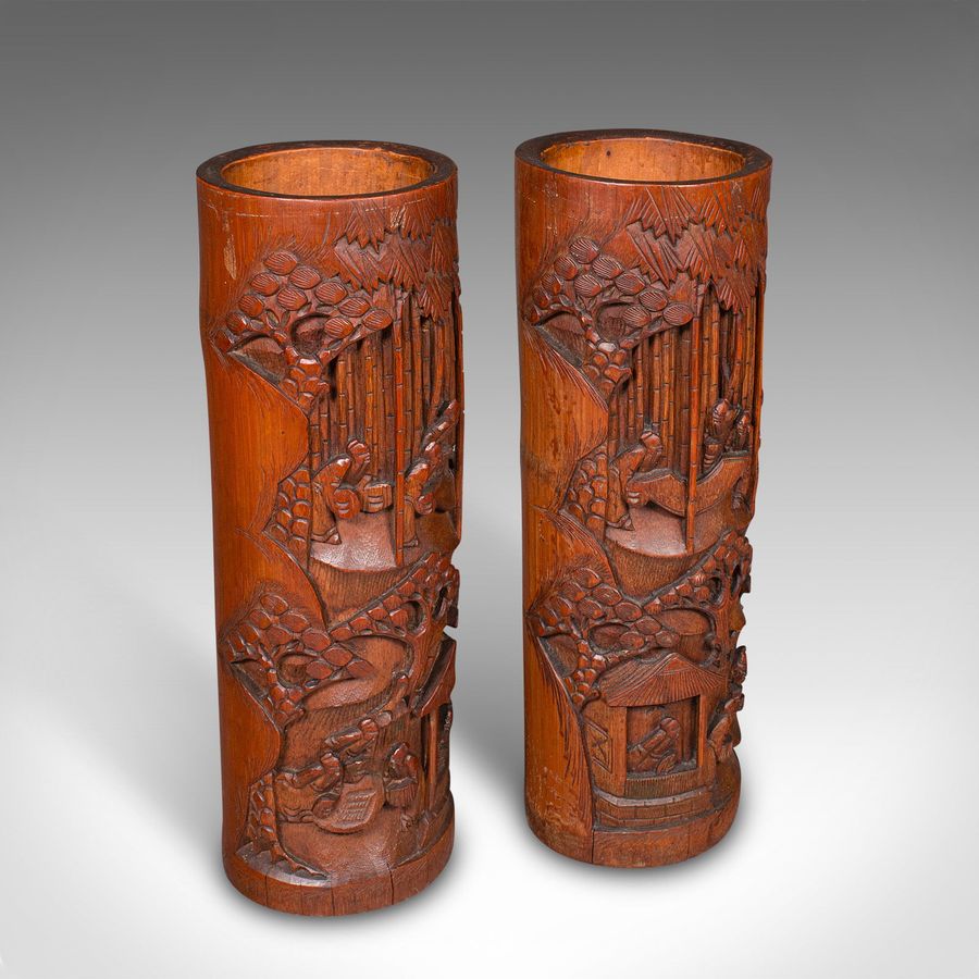 Tall Pair Of Antique Brush Pots, Chinese, Bamboo, Bitong, Flower Vase, Victorian