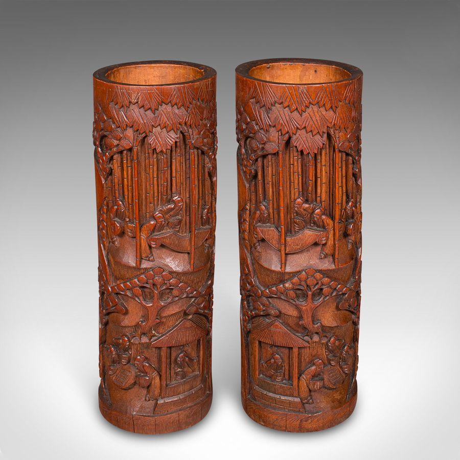 Antique Tall Pair Of Antique Brush Pots, Chinese, Bamboo, Bitong, Flower Vase, Victorian