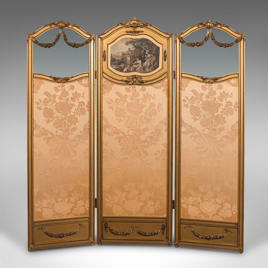 Antique Antique 3 Panel Dressing Screen, French, Giltwood, Room Divider, Victorian, 1900