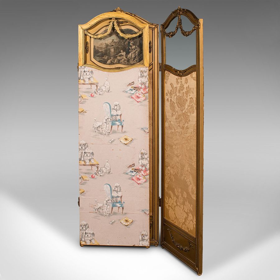 Antique Antique 3 Panel Dressing Screen, French, Giltwood, Room Divider, Victorian, 1900