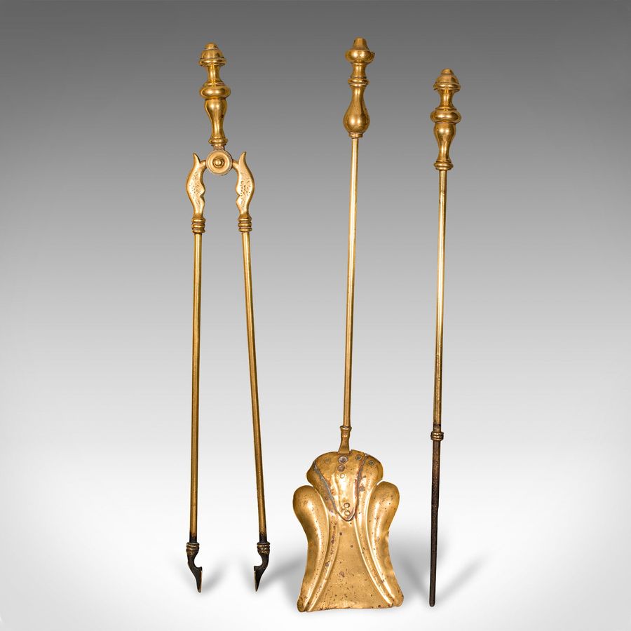 Antique Antique Companion Set, Fireside Tools, English, Brass, Shovel, Tongs, Victorian